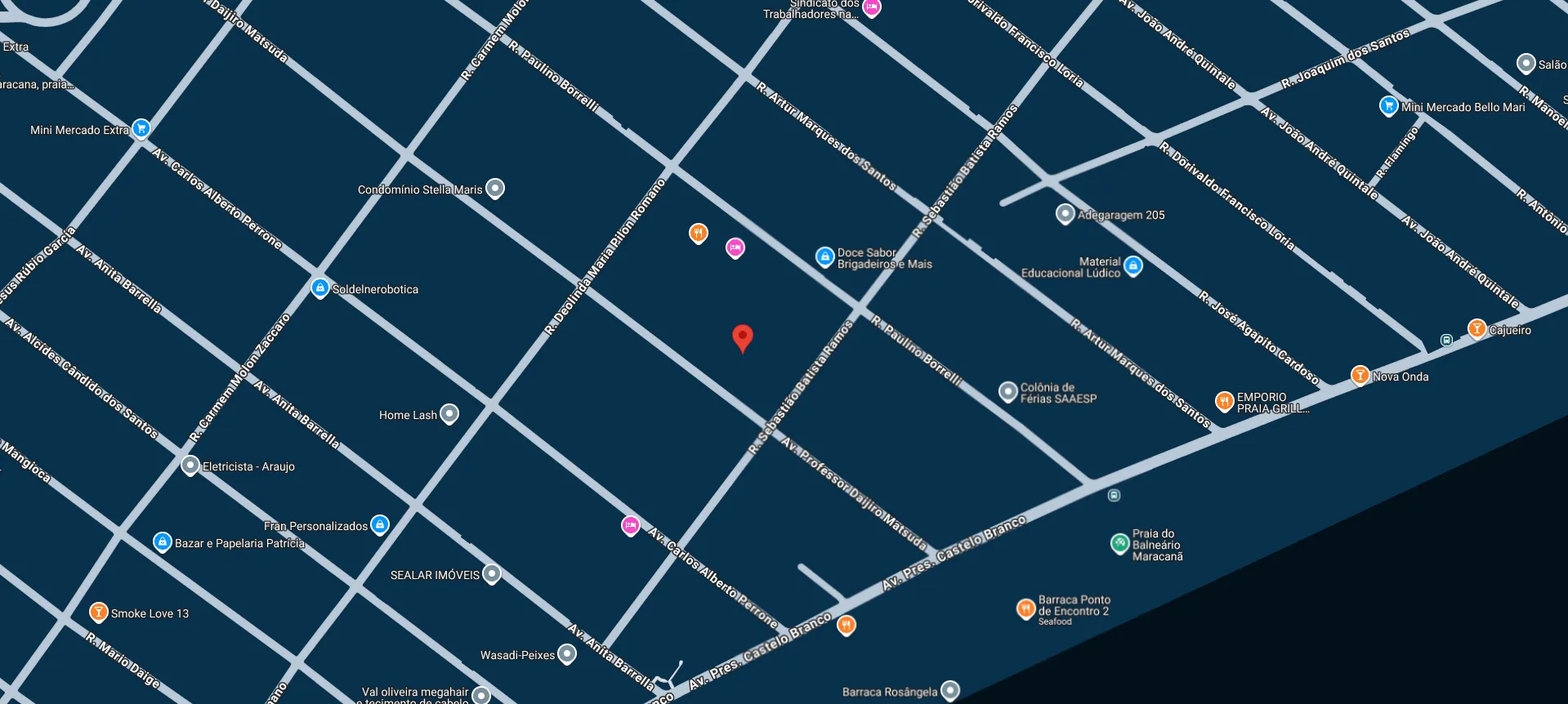 Mapa mostrando a localização da IZ Elevadores na Av. Professor Daijiro Matsuda, 186, Maracanã, Praia Grande/SP.